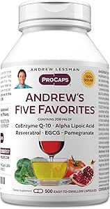 ANDREW LESSMAN Andrew's Five Favoritos 500 Capsules - Proporciona 200 mg Cada una de Coenzima Q-10, Resveratrol, EGCG, Pomegranate y Alfa Lipoic Acid, Powerful Anti-Oxidant Support, No Additives