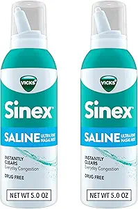 Vicks Sinex SALINE Nasal Spray, Drug Free Ultra Fine Mist, Clear Everyday Sinus Congestion Fast, Clear Mucus from a Cold or Allergy, Daily Use 5.0 fl oz x 2