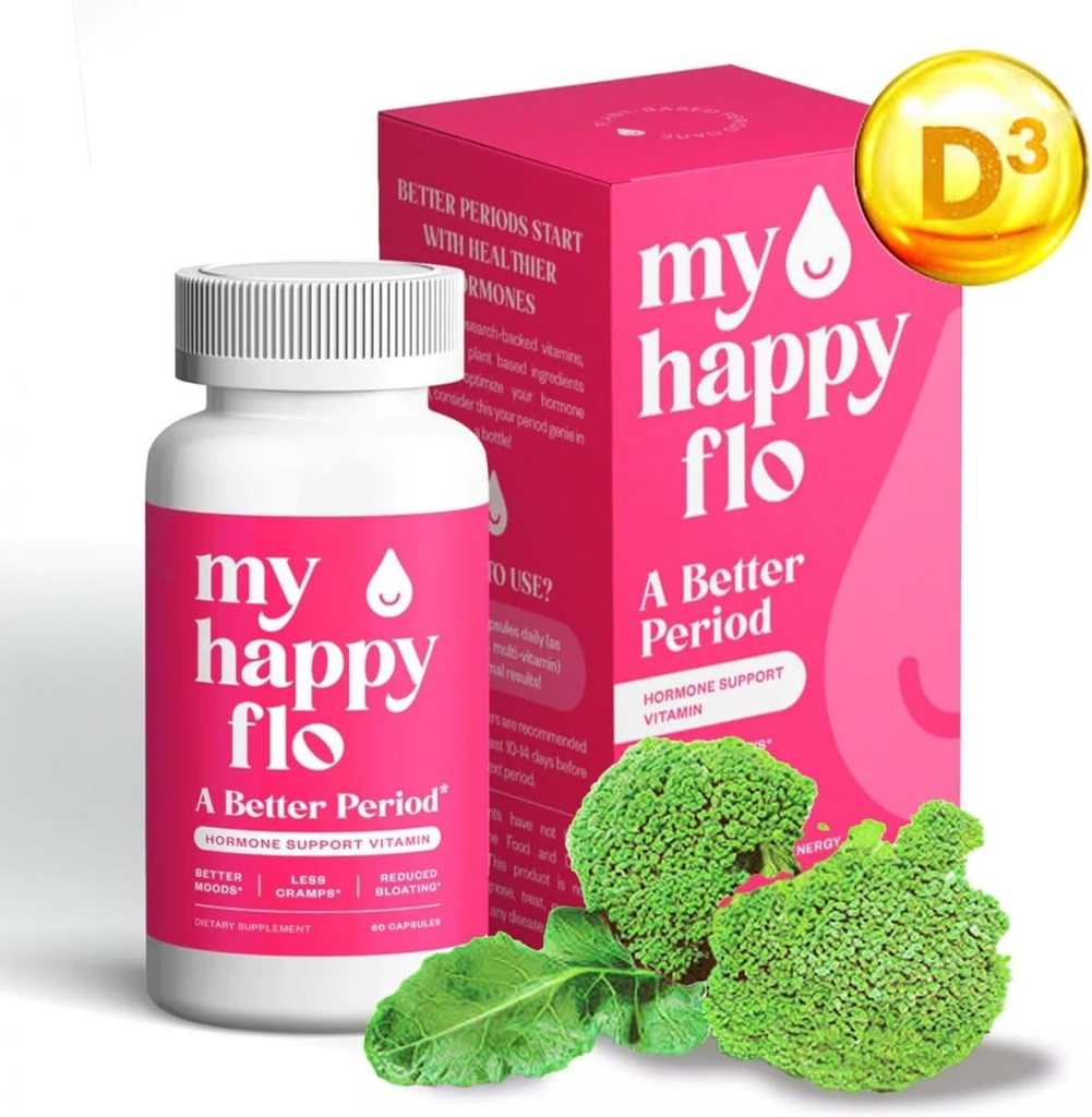 My Happy Flo PMS Support Suplemento para Mujeres con Hierro, PMS Relief Hormone Support for Women, 10-in-1 PMDD Suplementos para Mujeres TENIDO DIM & Indole-3-Carbinol for Cramp Relief, Heavy Flow - 60 Caps