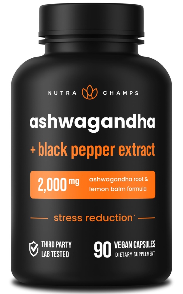NutraChamps Organic Ashwagandha Capsules, 2000mg Adrenal Fatigue, Thyroid & Mood Support Ashwagandha Suplementos, Ashwagandha Root Powder & Lemon Balm, Absorción Superior con Pepper Negro