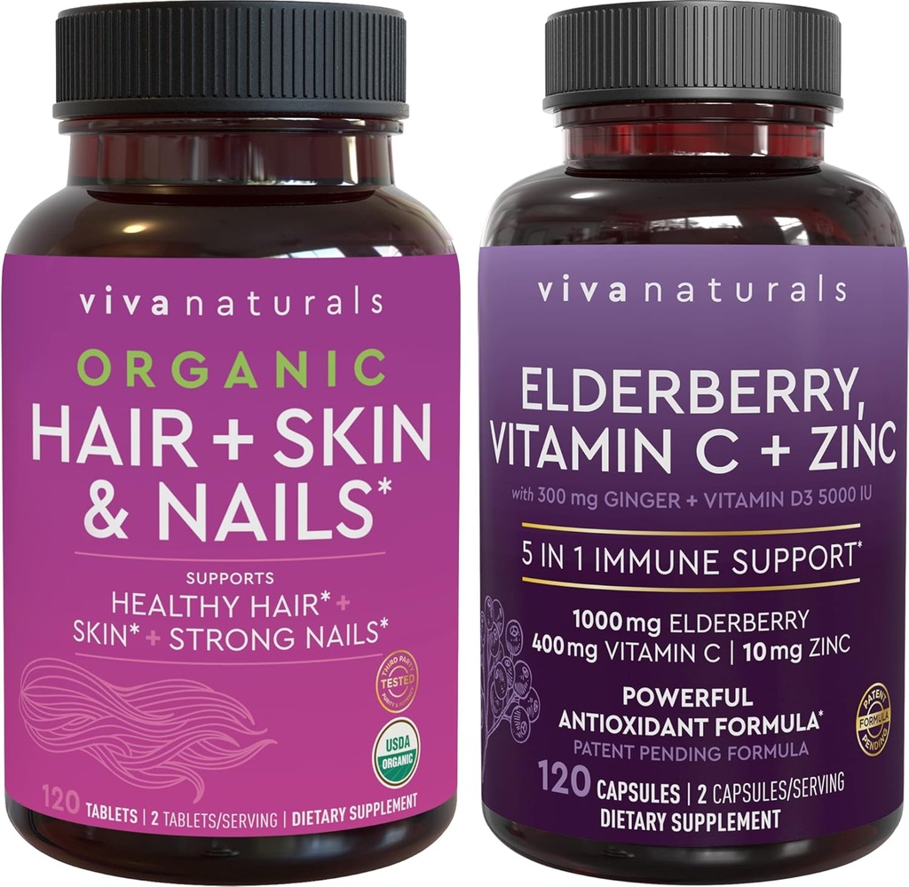 Piel de pelo orgánico y uñas + arándano, vitamina C & Zinc Bundle, Hecho con biotina 5000mcg para el cabello saludable, arándano para el soporte antioxidante &amp; inmunológico