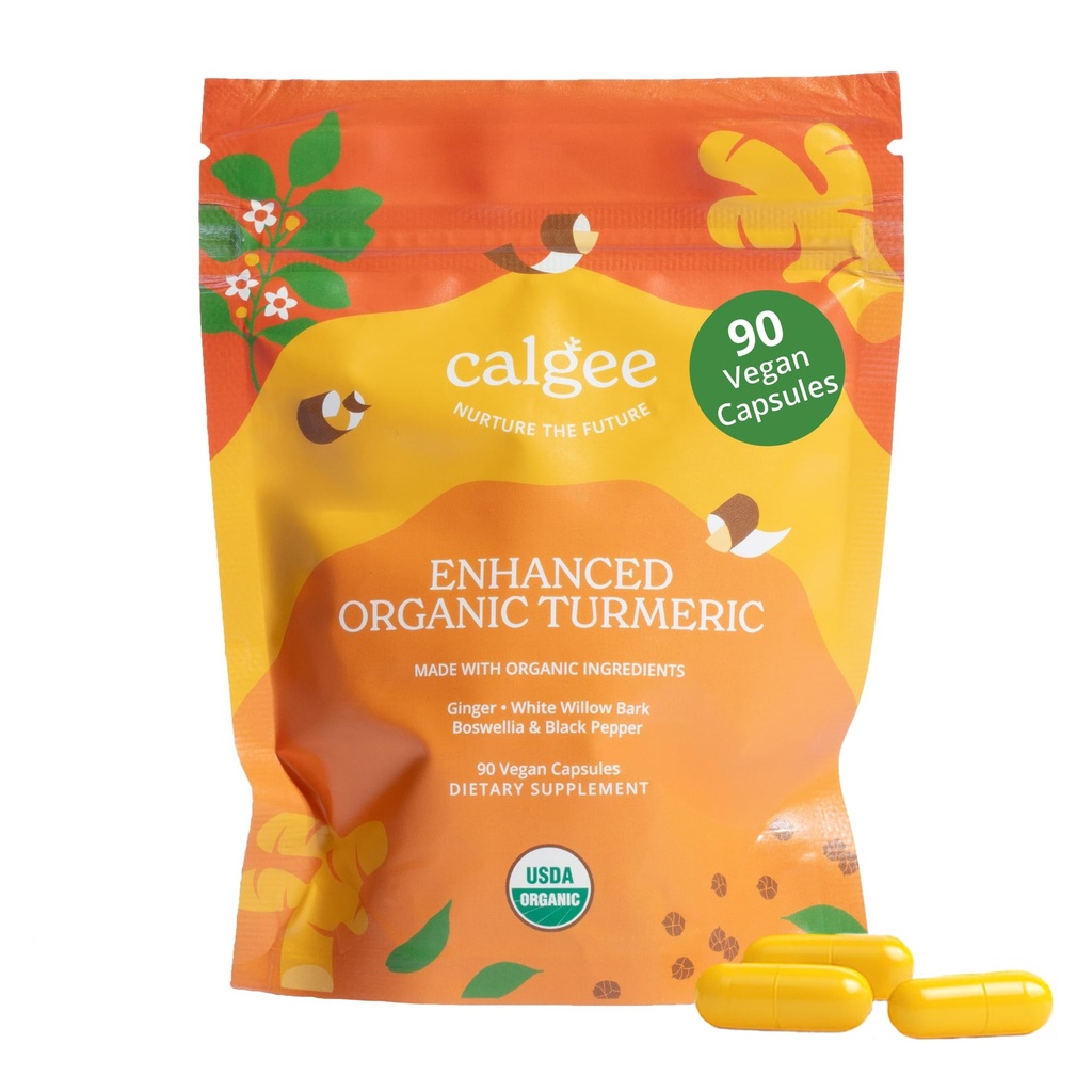Calgee Organic Turmeric Curcumin Supplement | USDA Organic, 3rd Party Tested | 5-in-1 with Boswellia, White Willow, Ginger & Black Pepper | Vegan Joint Support | Made in USA | 90 Ct