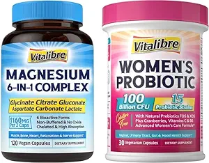 Probióticos femeninos 100 millones de millones CFU 30 cápsulas &amp; Magnesium Complex Suplemento 6 en 1, 120 cápsulas
