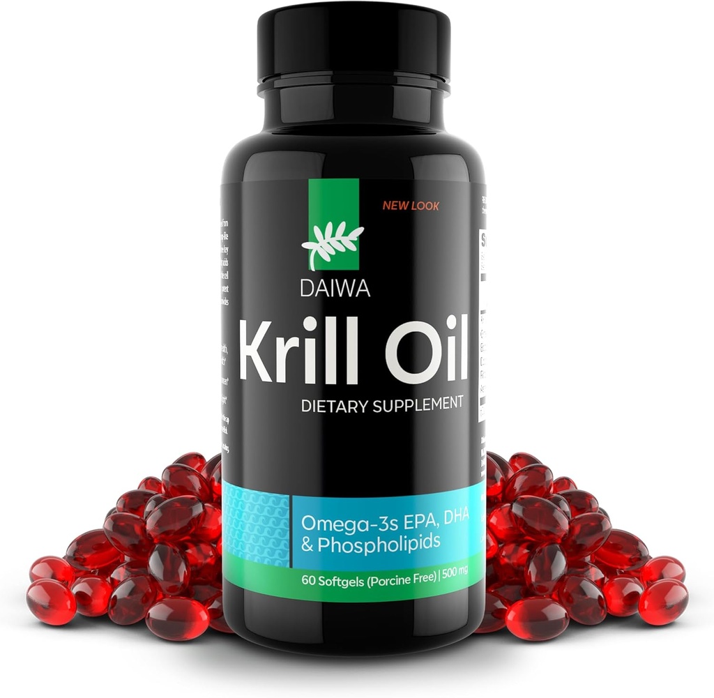Daiwa Krill Oil 1000mg Softgels - EPA DHA Omega 3 Antártico Krill Oil Suplemento con Astaxanthin - Solución natural para la unión, el apoyo cerebral y la salud cardíaca - 60/ct