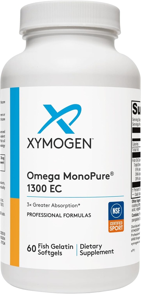 XYMOGEN Omega MonoPure 1300 EC - Aceite de pescado con 3X Absorción más grande - DHA EPA Omega 3 Suplemento para la salud del corazón + soporte cognitivo (60 Softgels)