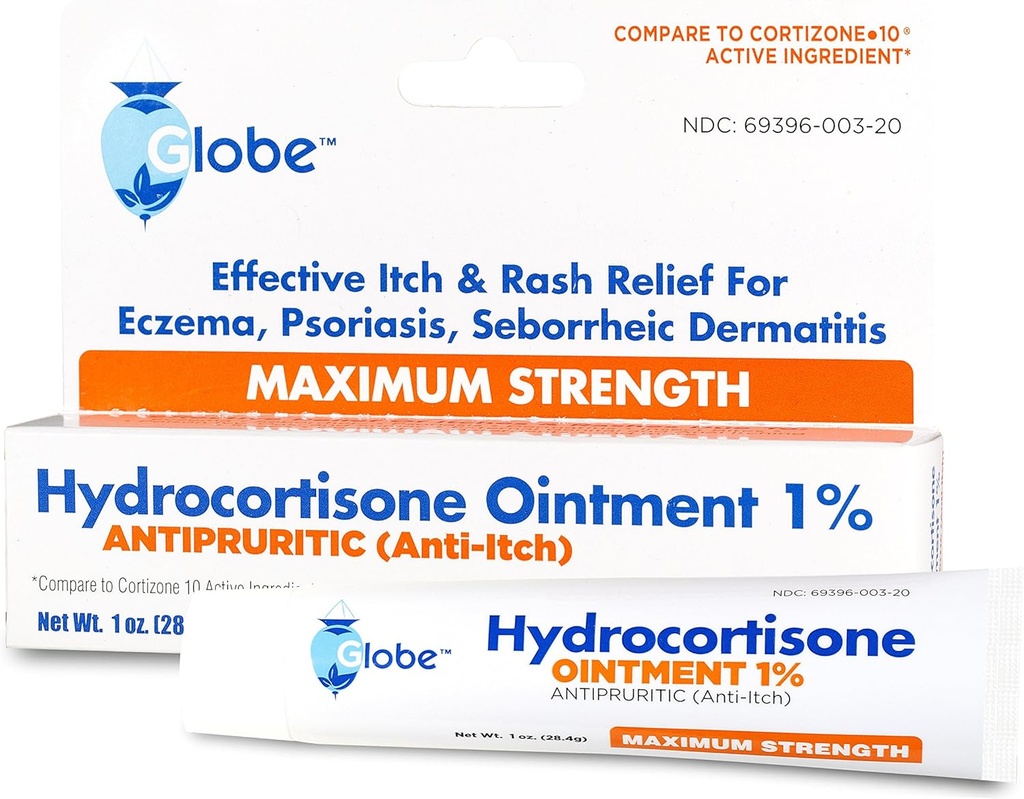Globe Hydrocortisone Maximum Strength Transparent Ointment 1%,1 oz | Anti-Itch Topical Ointment for Redness, Swelling, Itching, Rash, Dermatitis, Bug/Mosquito Bites, Eczema, Hemorrhoids & More