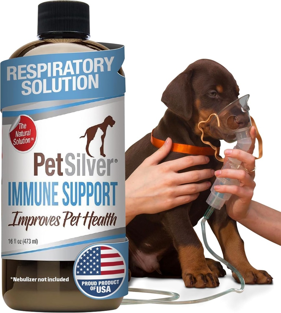 PetSilver Immune Support, Natural Nebulizer Solution, Promotes Respiratory Health in Cats & Dogs, Allergies, Sinus &amp; Cough Treatment, Easy to Use, Patented Chelated Silver, Made in The USA, 16 fl oz