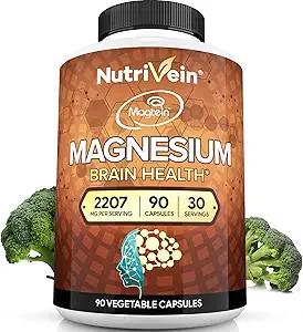 Nutrivein Premium Magtein Magnesium L-Threonate Suplemento 2207 mg - 90 caps (3 a día): Alta absorción Magnesio Threonate para Cerebro, Dormir, Mood &amp; Recuperación