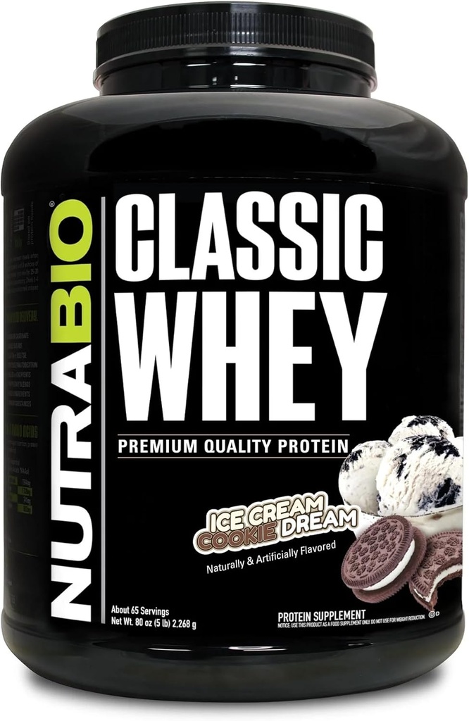 NutraBio Classic Whey Protein Powder- Full-Spectrum Amino Acid Profile - No Fillers, Colores artificiales, conservadores - Indice bajo de glicemia - Crema de hielo Cookie Dream, 5 libras