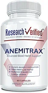 Research Verified Anemia Support - Replenish Iron, Regulate Hemoglobin, Improve Energy - Iron, Vitamin C, Vitamin A, B12, Folate, BioPerine - 60 Capsules - Vegan