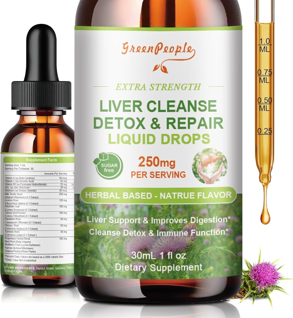GREENPEOPLE Liver Cleanse Detox &amp; Repair Drops - Liver Supplement w/Milk Thistle Silymarin, Artichoke &amp; Dandelion for Liver Detox &amp; Support- 16x Potent Herb-Nutrients - 1Fl Oz Natural Flavor