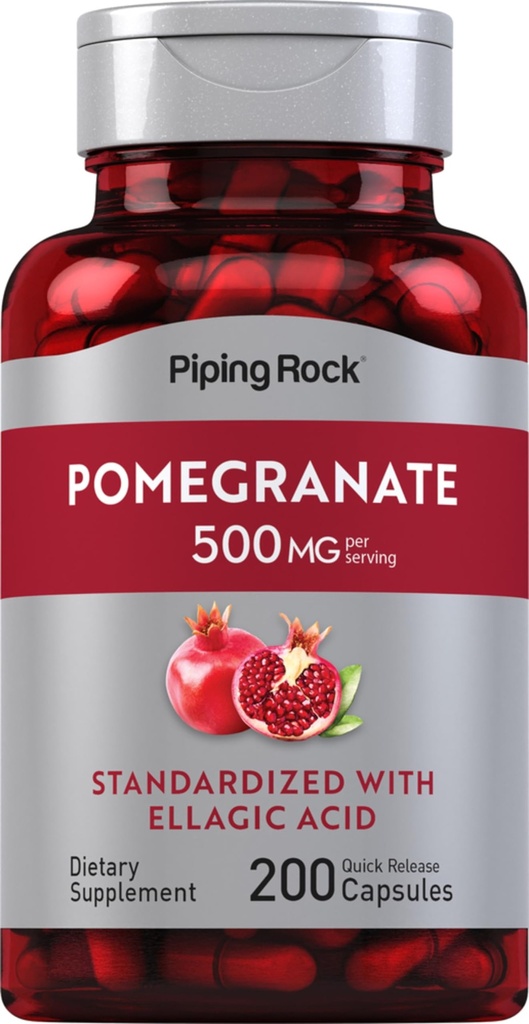 Piping Rock Pomegranate Extract TEN 500mg ANTE 200 Capsules TENIDO Estándarizado con Acido Ellagico TENIDO NO GMO, Gluten Suplemento Libre