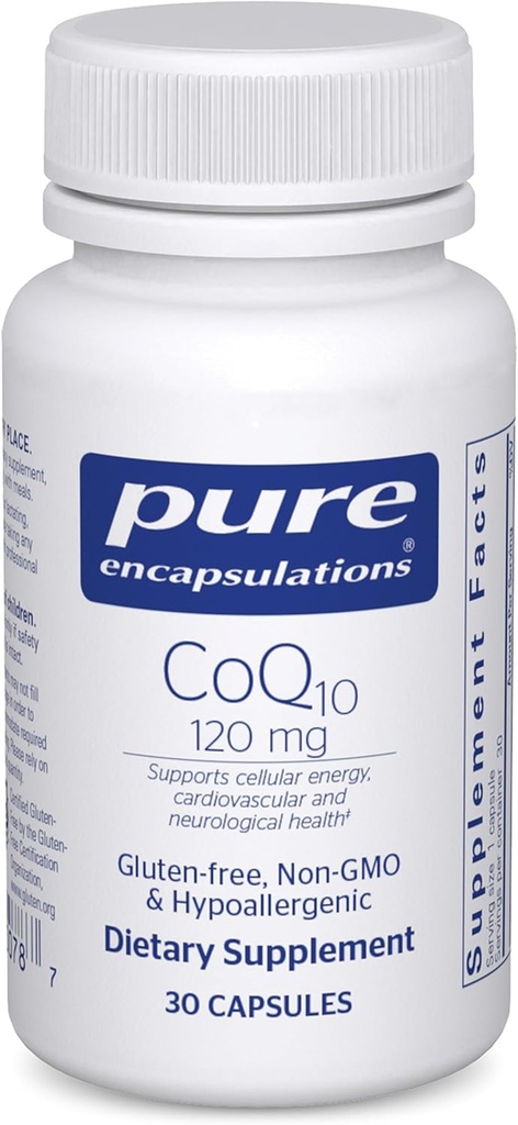 Encapsulaciones puras CoQ10 120 mg - Coenzima Q10 Suplemento para la salud cardíaca, energía, antioxidantes, salud cerebral y memoria - salud celular, cognición " soporte cardiovascular* - 30 cápsulas
