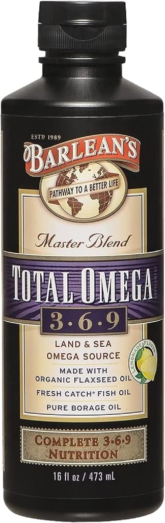 Total Omega de Barlean 3 6 9 Suplemento de aceite de pescado líquido con aceite de borrado y licuado 6,468 mg de Omegas EPA, DHA, ALA y GLA para salud conjunta y cardíaca, 16 oz