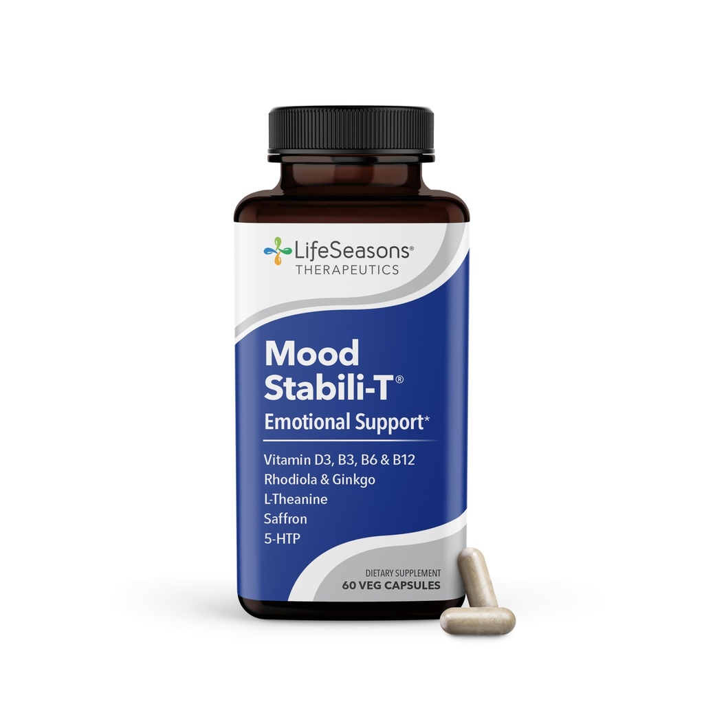LifeSeasons - Mood Stabili-T - Positivo Mood Booster - Mejora de la calma y la felicidad - Mente relajada y equilibrada - Contiene Rhodiola, Ginkgo Biloba y Vitamina D3 - (60 cápsulas)
