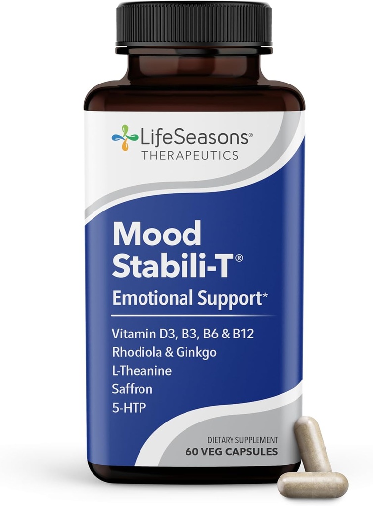 LifeSeasons - Mood Stabili-T - Positivo Mood Booster - Mejora de la calma y la felicidad - Mente relajada y equilibrada - Contiene Rhodiola, Ginkgo Biloba y Vitamina D3 - (60 cápsulas)