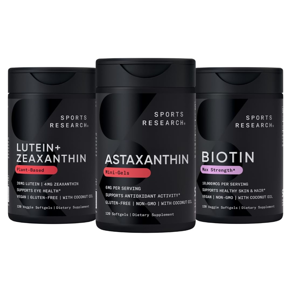 Investigación Deportiva Biotina (B7) 10,000mcg + Lutein + Zeaxanthin (20mg) + Suplemento de Astaxanthin de Algae (6mg) - All Vegan ← 120 Softgels Cada latitud Todo hecho con aceite de coco para una mejor absorción
