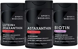 Sports Research Biotin (B7) 10,000mcg + Lutein + Zeaxanthin (20mg) + Astaxanthin Supplement from Algae (6mg) - All Vegan | 120 Softgels Each | All Made with Coconut Oil for Better Absorption