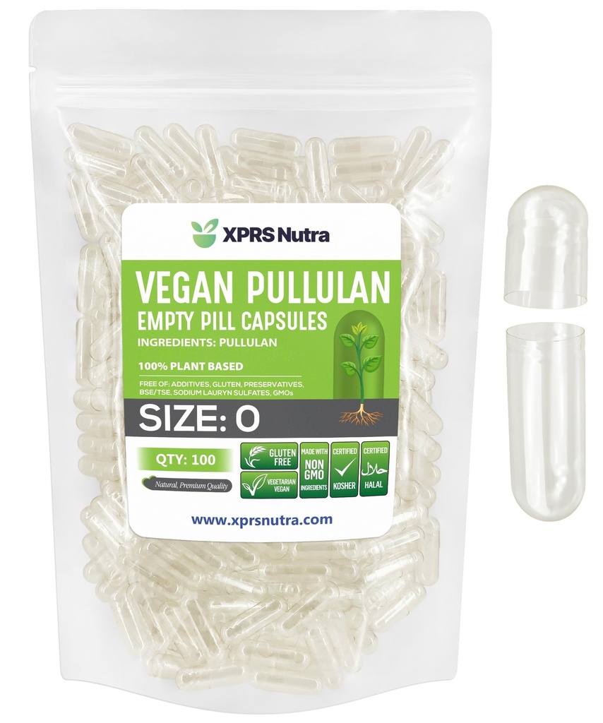 XPRS Nutra Size 0 Pullulan Empty Capsules - 100 Cuentas Clean Label Plantcaps Clear Empty Vegan Capsules - Premium Vegetarian Pills - Do-It-youself Vegetable Capsule Filling