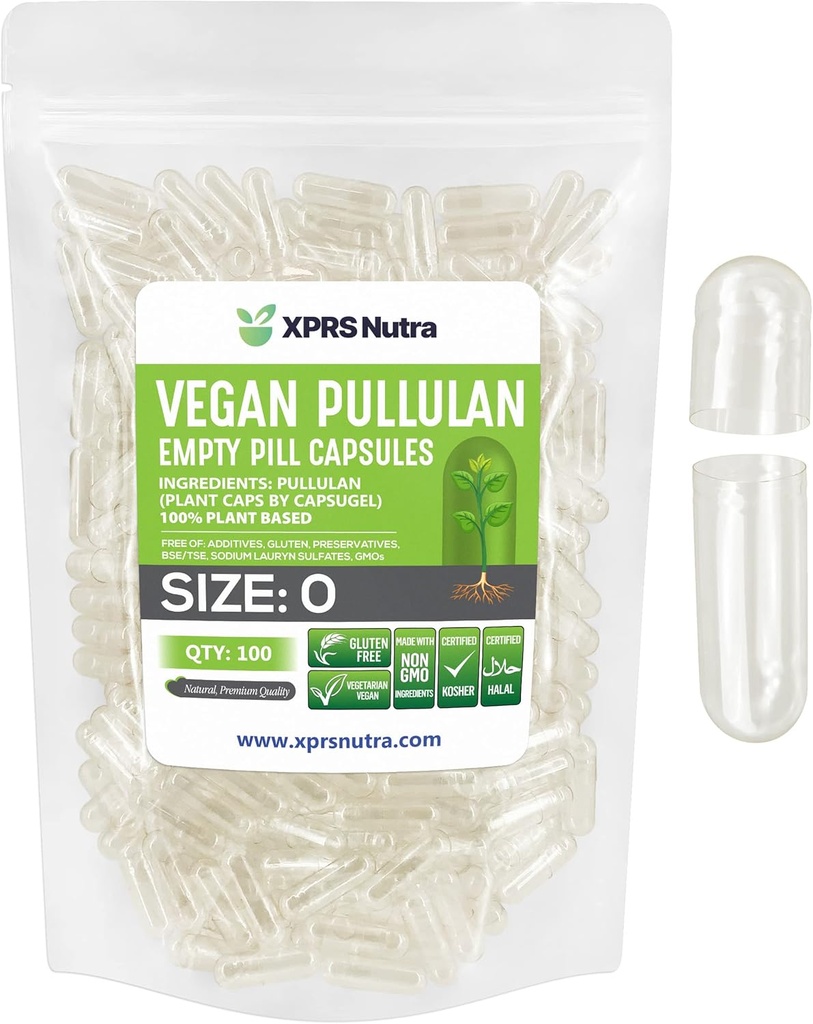 XPRS Nutra Size 0 Pullulan Empty Capsules - 100 Cuentas Clean Label Plantcaps Clear Empty Vegan Capsules - Premium Vegetarian Pills - Do-It-youself Vegetable Capsule Filling
