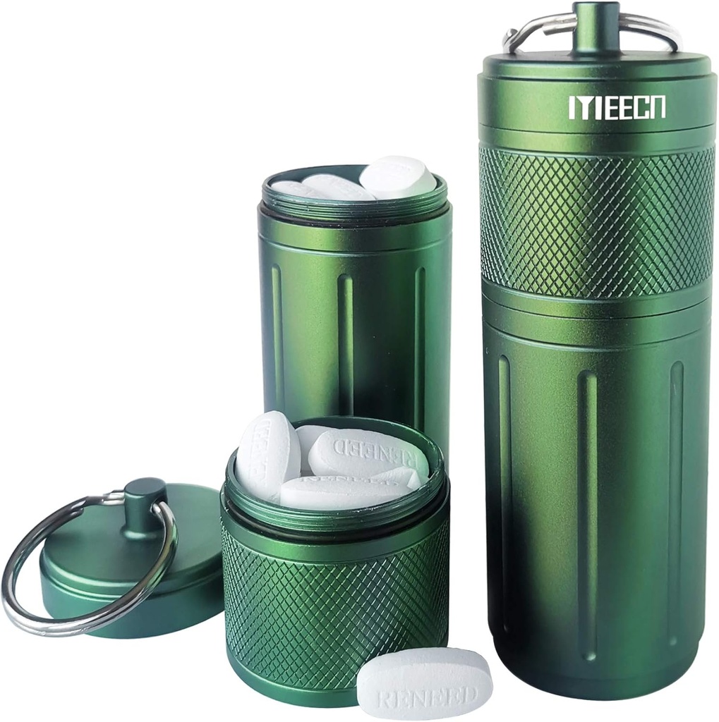 Dos capas Organizador de gran peso, Contenedor de aluminio, impermeable, puede almacenar pastillas cualquier tamaño, vitaminas, aceite de hígado de bacalao, suplementos y medicamentos, productos Rv, tamaño:1.6 x 1.6 x 4.4 en (Green)