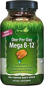 Irwin Naturals One-Per-Day Mega B-12 1,500mcg High Potency Methylcobalamin Vitamina - Absorción rápida mejorada con MCT + Ginseng asiático - Boost de energía natural - 60 Liquid Softgels
