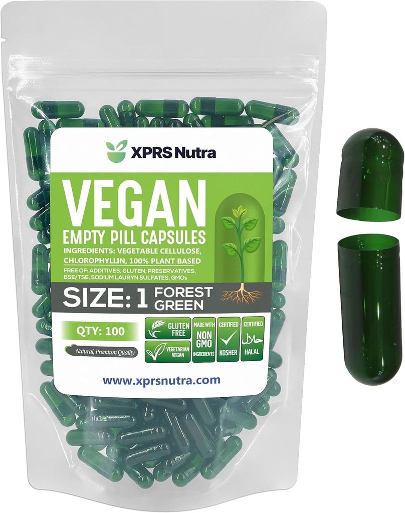XPRS Nutra Tamaño 1 Empty Capsules - 100 Conde Empty Vegan Capsules - Vegetarian Pills - DIY Vegetable Capsule Filling- Veggie Pill Caps for Do-It-Yourself Supplements (Forest Green)