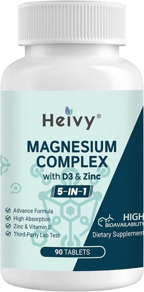 Complejo de Magnesio Heivy, Glycinate de Magnesio, Citrato, Malato, Oxido, Gluconato con Zinc y Vitamina D3, Suplemento de Magnesio para Muscle, Nerve, Corazón, Soporte de Hueso, Alta Absorción, 90 Tabletas