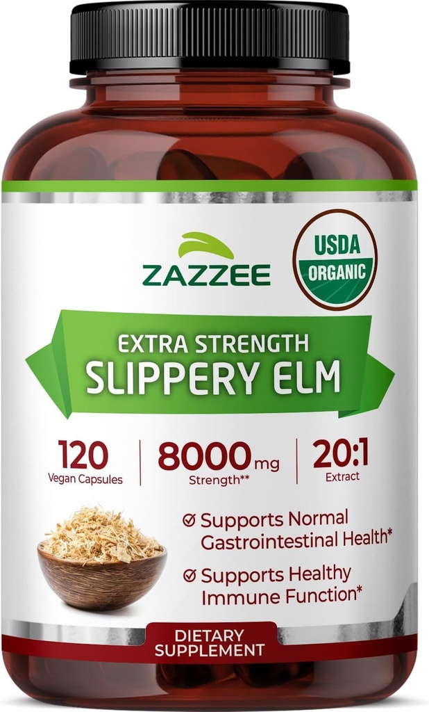 Zazzee USDA Organic Slippery Elm Bark 20:1 Extracto, 8000 mg Fuerza, 120 cápsulas Vegan, 4 meses de suministro, Standardizado, Concentrado 20X Extracto, 100% Vegetariano, All-Natural, Non-GMO, Made in the USA