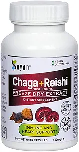 Sayan Siberian Chaga and Organic Reishi Mushroom Extract Supplement – 90 Capsules/440mg Cada - Wild-Harvested, Antioxidant Blend for Immune System Support + Natural Energy Boost, Non-GMO, Gluten Free