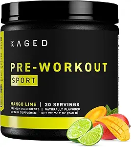Kaged Sport Pre Workout Powder for Men &amp; Women, Mango Lime, Sport Certified, 188mg Caffeine, Nitric Oxide Supplement, Beta Alanine for Energy, Weightlifting, Cardio Endurance &amp; Strength, 20 Servings