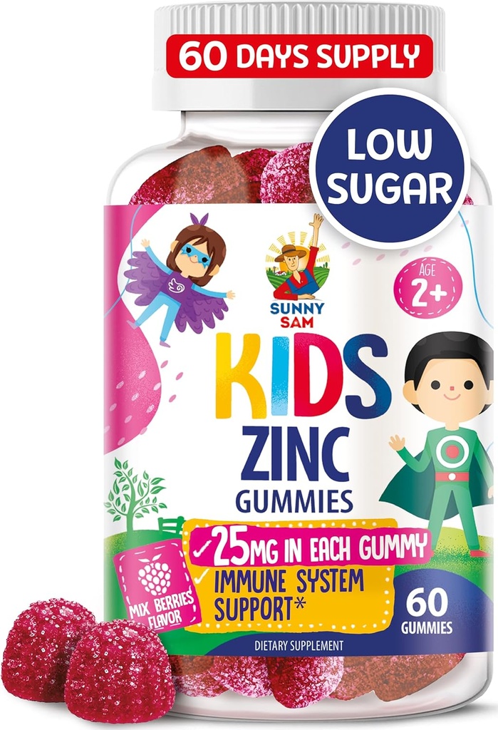 Zinc Gummies para niños - Chewable Zinc Gummy Suplemento para niños Immune Support - Bajo Azúcar Natural Antioxidante No GMO Vitamina Chewables para niños pequeños y adolescentes - 60 Gummies