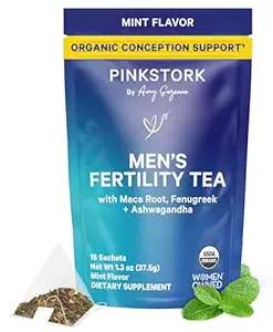 Blue Stork Hombres Fertilidad Té: Suplementos de Fertilidad Orgánica para Hombres, Té Verde, Maca Root, y Ginkgo Biloba para Salud Reproductiva Masculino, Menta, 15 Sachets
