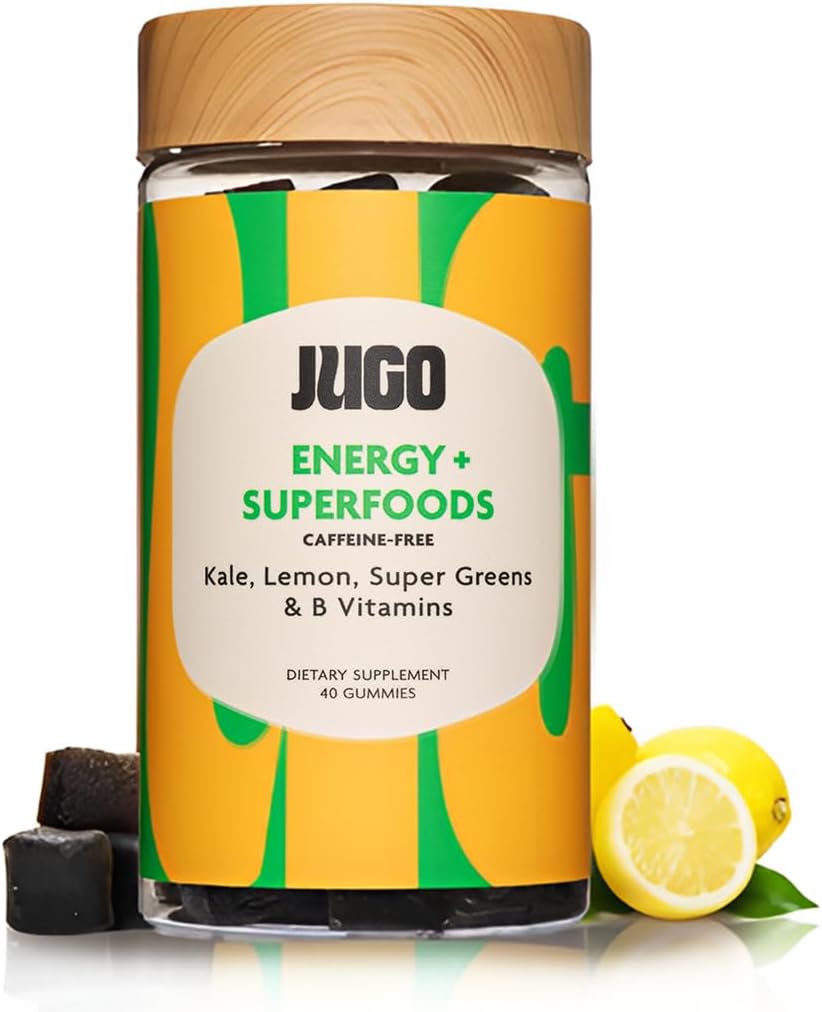JUGO Energy + SUPERFOODS | Vitamin B12 Gummies with Kale & Super Greens | 40 Count Caffeine-Free Energy Gummies | Plant-Based, Gelatin-Free, Non-GMO, Made in USA