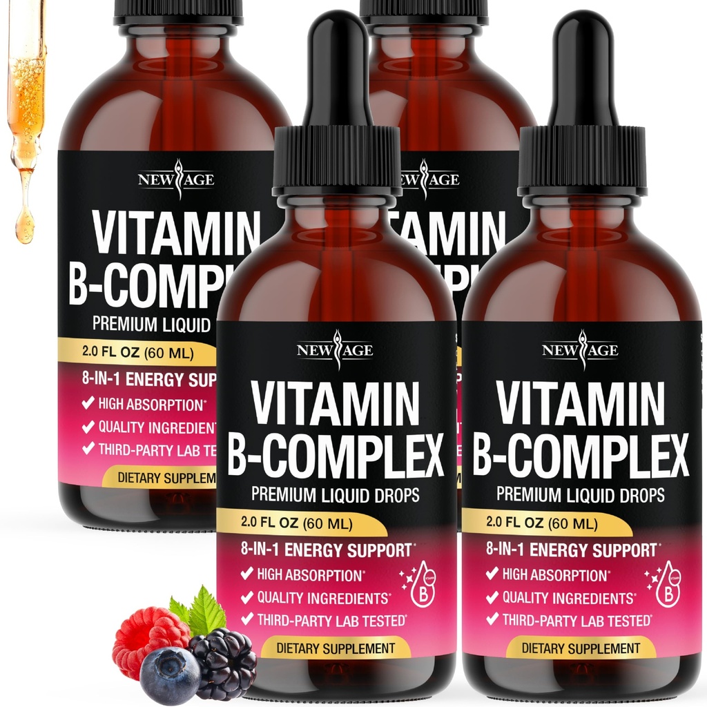 NEW AGE Vitamin B-Complex B5 Pantothenic Acid | B12 Methylcobalamin | B1 Thiamine | B6 Pyridoxine | B7 Biotin | B9 Folic | B3 Niacinamide - B Complex Liquid Drops, Made in USA Supplement - 8fl oz