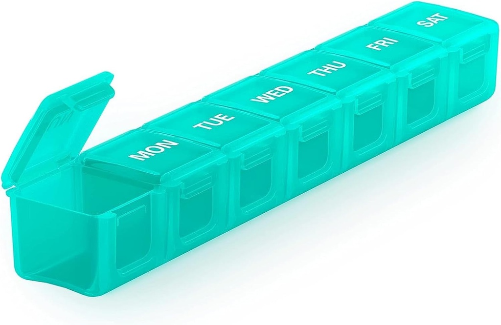 Sukuos Extra Large Weekly Pill Organizer, 7 Day Daily Pill Box Artritis Friendly, Silkscreen Printed Medicine Container with Clear Lid for Vitamins, Fish Oils or Supplements (Cyan)