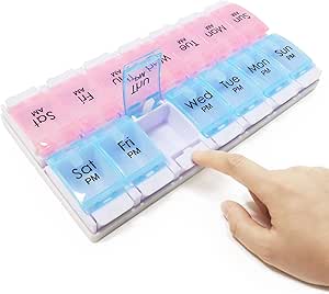 MOLN HYMY Cajas semanales de píldoras y organizador 2 veces al día, 7 Días AM Caso de píldoras Dos semanas, 14 Grandes Compartimientos dispensador de píldoras para mantener la medicina, vitaminas (Pink+Blue)