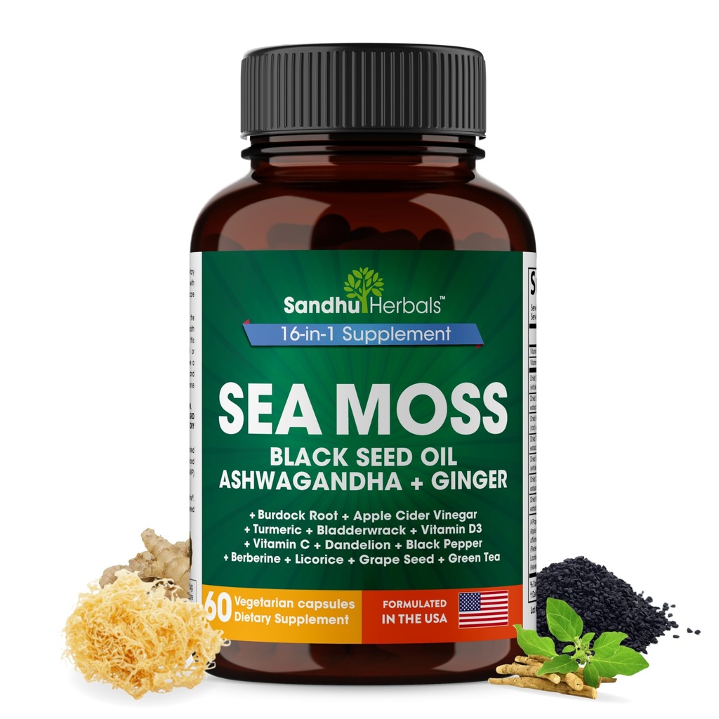 SANDHUHERBALS Sea Moss Capsules with Black Seed Oil Ashwagandha Ginger Burdock Root | Advanced Seamoss 60 Count | All Men Women Age