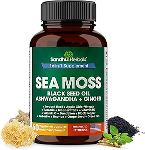 SANDHUHERBALS Sea Moss Capsules with Black Seed Oil Ashwagandha Ginger Burdock Root ← Avanzadas Seamoss 60 Cuenta Silencio Todos Hombre Mujer Edad