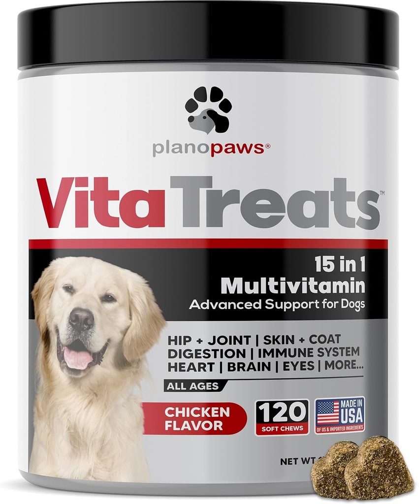 Vita Treats - Vitaminas y Suplementos de perros - Aceite de cáñamo para perros - Condroitina de Glucosamina para perros - Omega 3 Aceite de pescado para piel " - Probióticos - Suplemento Conjunto de perros - 120 Píldoras multivitamina de perros