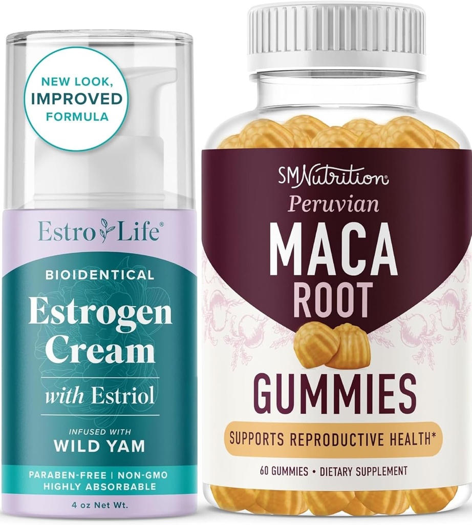 Maca Root Gummies < Estrogen Estriol Cream ¦ Hormone Balancing Set with Peach Flavored Maca Gummies (30 Servings) and Estrogen Cream Advanced Formula (80 Servings)