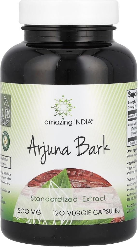 Increíble India Arjuna Bark Extract Suplemento Silencio 500 Mg Silencio 120 Veggie Capsules  Non-GMO TEN Gluten Free TEN Made in USA