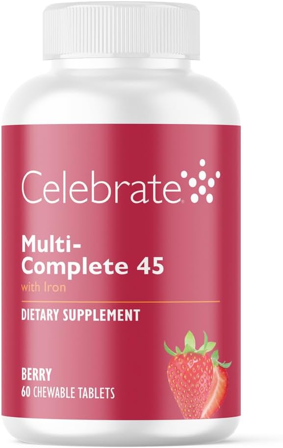 Celebrar Vitaminas Multi-Completa Chewables, 45 mg de Hierro – Multivitaminas Bariatrices diarias para la cirugía de gastrectomía y derivación gástrica Pacientes – Vitaminas esenciales y minerales - Berry (60 Tabletas)