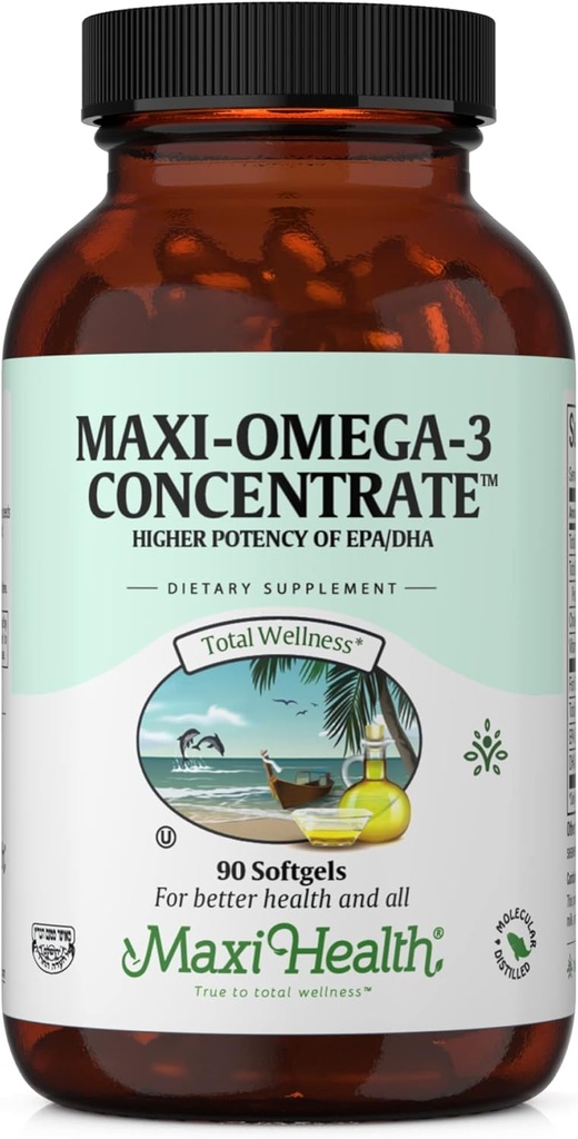 Maxi Health Omega 3 Suplemento - Omega-3 Fish Oil Concentrate - Fuente de Potencia Superior de EPA/DHA Fatty Acids - Corazón, Cerebro &amp; Salud Conjunta - Kosher Certified Wild Caught Fish - 90 Vegetarian Softgels