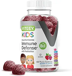Viteey Kids Multivitamin Gummies con Probióticos - 8-1 Niños Vitaminas para la Salud Inmune Apoyo con Vitamina C, D3, B12, B6, Zinc, Elderberry, Selenium - Vegetariano - Chewable Tasty Berry Flavored
