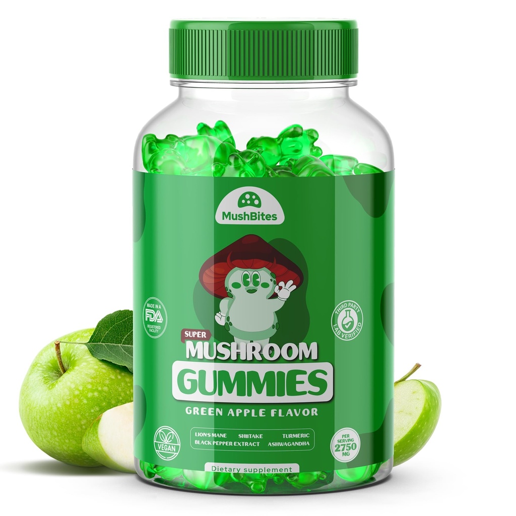 Organic Lions Mane Mushroom Gummies – Delicious Green Apple Flavor Lion's Mane Gummy – 10 Mushroom Superfood Blend – Supports Focus, & Clarity, Vegan 90 Ashwagandha Gummies