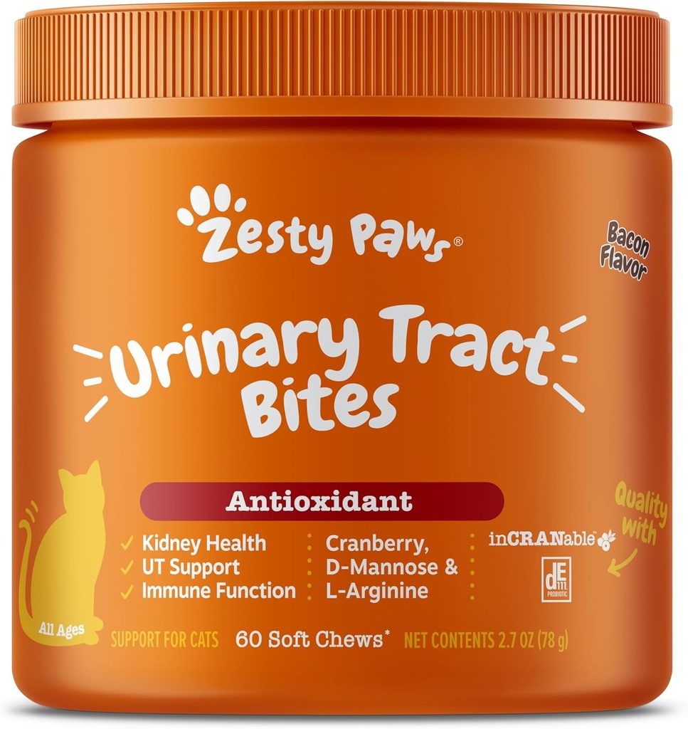 Zesty Paws Cranberry Urinary Tract Bites for Cats - Kidney & Urinary Tract Health - Soft Chews with D-Mannose, Vitamina B6 &amp; L-Arginine - Immune & Gut Support - Bacon - 60 Count