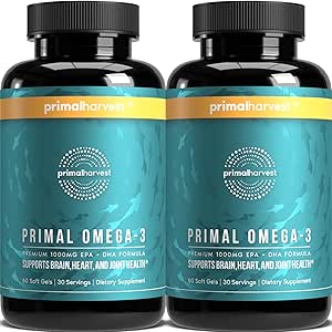 Primal Harvest Omega 3 Suplementos de aceite de pescado, 30 Servidores de geles blandos cápsulas w / 1000 mg EPA + DHA Suplementos, No Fishy Burps No GMO Omega 3 ácido graso, 2 paquete
