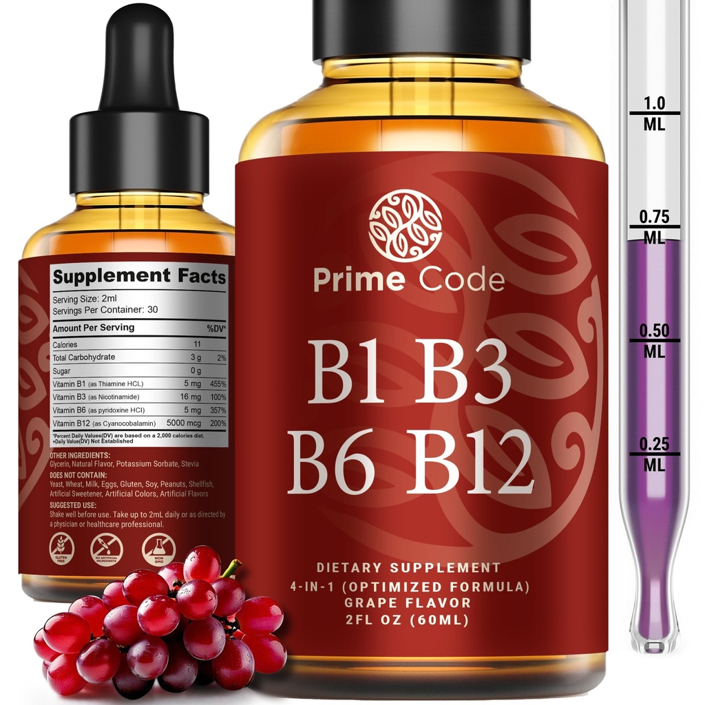 Prime Code Liquid Vitamin B1 Drops with Vitamin B3 B6 & B12 | B Complex Liquid Supplement | Thiamine Supplement for Adults | High Absorption | Immune Support | Non-GMO | Gluten-Free