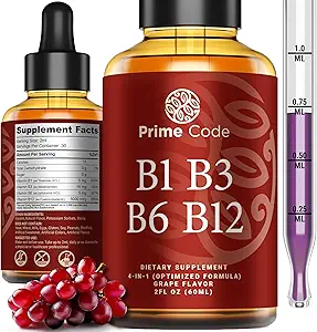 Prime Code Liquid Vitamin B1 Drops with Vitamin B3 B6 &amp; B12 ← B Complejo Suplemento Líquido Silencioso Suplemento de la tiamina para Adultos ANTE Alta Absorción Silencioso Apoyo inmunitario